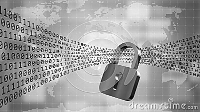 Digital data stream flows through closed padlock - series of binary code on world map background - internet security and protect Cartoon Illustration