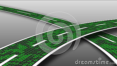 Digital data streaming on a highway - series of digits binary code in green on grey background Cartoon Illustration
