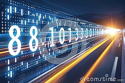 Digital data streams flow dynamically along a futuristic highway at night. Stock Photo