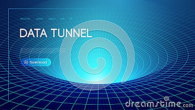 Digital data tunnel with blue grid pattern creating a futuristic network theme for technology. Vector Illustration