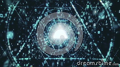 Digital Data tunnel journey. Loopable matrix core tunnel of binar lights animation in 4k. Shot inside fibre optic cable Stock Photo