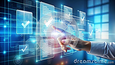 Digital data validation process concept with touch screen interface and checkmark icon interaction Stock Photo