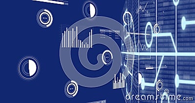 Digital data visualizations and graphs floating in blue virtual space Stock Photo