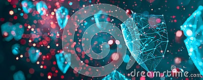 Digital defense concept with glowing cybersecurity shields and network structure in a dark abstract background Stock Photo