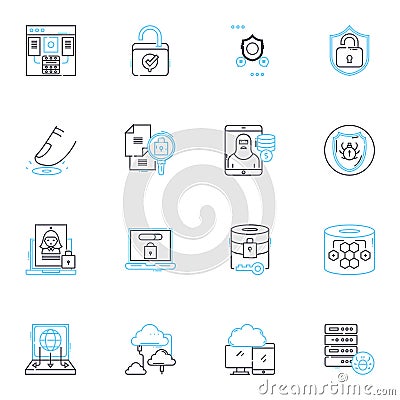 Digital defense linear icons set. Cybersecurity, Encryption, Firewall, Malware, Passwords, Phishing, Vulnerabilities Vector Illustration