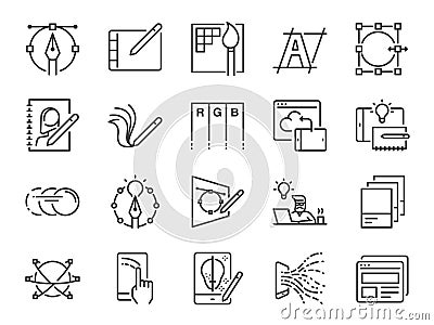 Digital design line icon set. Included icons as graphic designer, layout, tablet, mobile app, web design and more. Vector Illustration