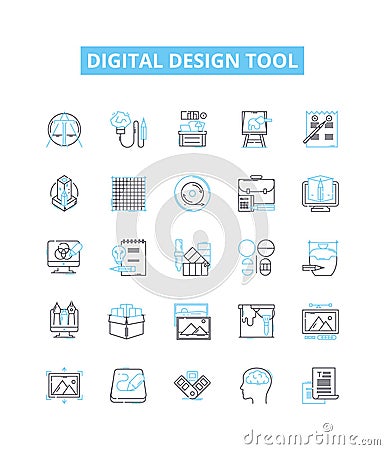 Digital design tool vector line icons set. Digital, Design, Tool, Graphic, Illustrator, Photoshop, CorelDRAW Vector Illustration