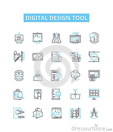 Digital design tool vector line icons set. Digital, Design, Tool, Graphic, Illustrator, Photoshop, CorelDRAW Vector Illustration