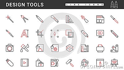 Digital design tools thin red and black line icons set, cursor manipulation, software Vector Illustration
