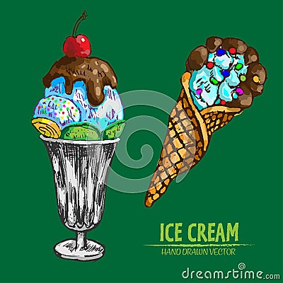 Digital detailed line art ice cream Cartoon Illustration