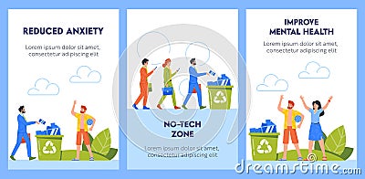 Digital Detox Banners With People Throw Out Phones Into Litter Bin And Walk On Nature. Disconnecting From Technology Vector Illustration