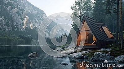 A digital detox cabin in a remote location, designed for reconnection with nature, without sacrificing essential tech Stock Photo