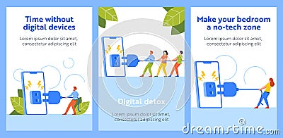 Digital Detox Cartoon Banners with Tiny People Pull Plug Turning Off Phone. Concept Of Disconnecting From Technology Vector Illustration