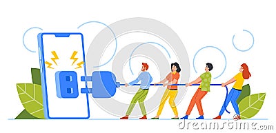 Digital Detox Concept with Tiny People Pull Plug Turning Off Giant Phone. Concept Of Disconnecting From Technology Vector Illustration