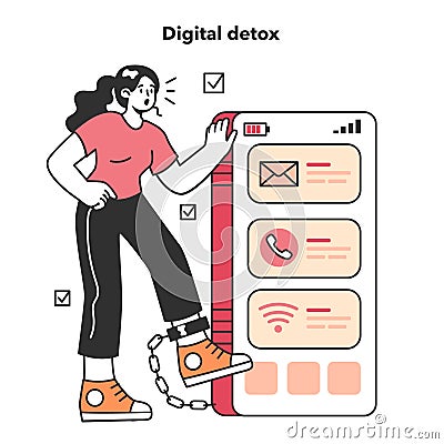 Digital detox. Female character chained to a digital device. Breaking Vector Illustration