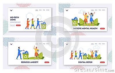 Digital Detox Landing Page Template Set. People Throw Phones Into Bin And Walk On Nature. Disconnecting From Technology Vector Illustration