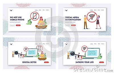 Digital Detox Landing Page Template Set. Tiny Characters Disconnect Laptop Plug Exit Social Networks, Turn Off Gadgets Vector Illustration