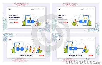 Digital Detox Landing Page Template Set. Tiny People Pull Plug Turning Off Giant Phone Cartoon Vector Illustration Vector Illustration