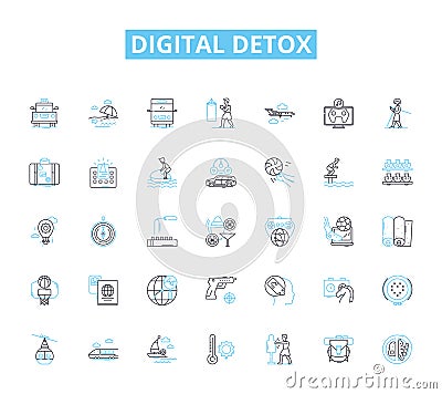 Digital detox linear icons set. Unplug, Disconnect, Reconnect, Mindfulness, Balance, Focus, Relaxation line vector and Vector Illustration