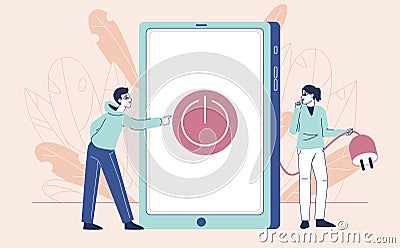 Digital detox, people gadgets disconnecting. Relaxed characters unplugging smartphone and laptop, social media resting flat vector Vector Illustration