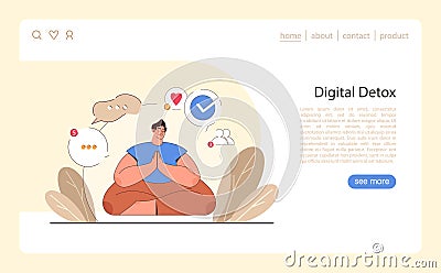 Digital detox web or landing set. Characters practicing mindfulness, Vector Illustration