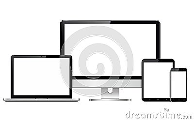 Digital devices screen mockup. Smartphone, tablet, laptop and computer monitor with blank screen Vector Illustration