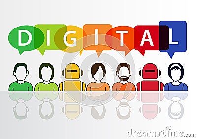 Digital and digitization conceptual background. Vector illustration of colorful group of people and robots Vector Illustration