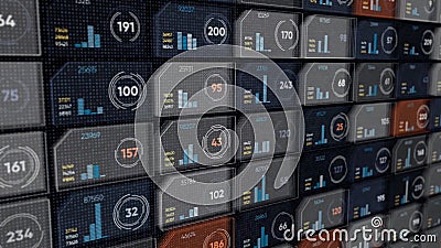 Digital display with colorful rows of small same size microchips with numbers and moving lines on black background Stock Photo