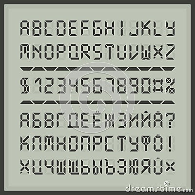 Digital display font alphabet letters and numbers Vector Illustration