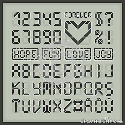 Digital display font alphabet letters and numbers Vector Illustration