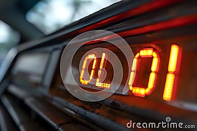 Digital Display Illuminates: Observing Glowing Numbers on a Vehicle's Dashboard, a Close-Up View with Intriguing Details and Stock Photo