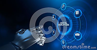 Digital disruption digitalization innovation internet technology concept. Robotic arm 3d rendering. Stock Photo