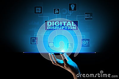 Digital Disruption. Disruptive business ideas. IOT, network, smart city, big data, cloud, analytics, web-scale IT, AI. Stock Photo