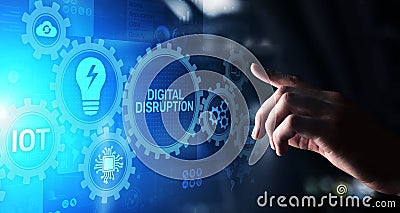 Digital Disruption. Disruptive business ideas. IOT, network, smart city, big data, cloud, analytics, web-scale IT, AI. Stock Photo