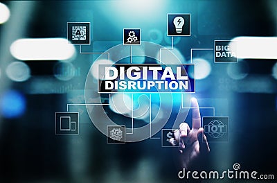 Digital Disruption. Disruptive business ideas. IOT, network, smart city, big data, cloud, analytics, web-scale IT, AI Stock Photo
