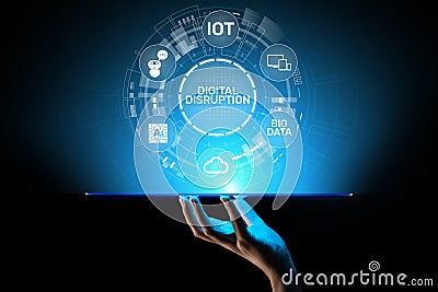 Digital Disruption. Disruptive business ideas. IOT, network, smart city, big data, cloud, analytics, web-scale IT, AI. Stock Photo
