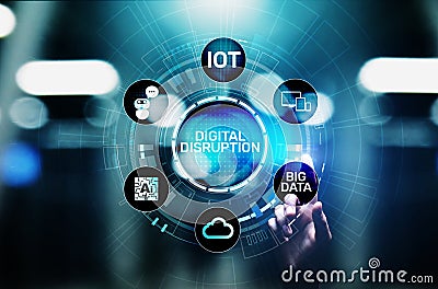 Digital Disruption. Disruptive business ideas. IOT, network, smart city, big data, cloud, analytics, web-scale IT, AI. Stock Photo