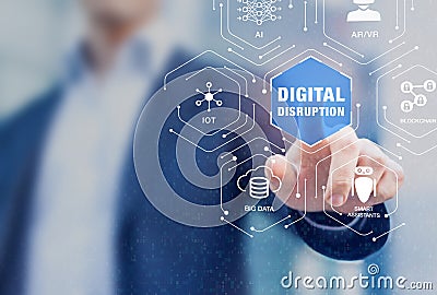 Digital disruption with emerging technologies such as internet of things IoT, artificial intelligence AI, big data analytics Stock Photo