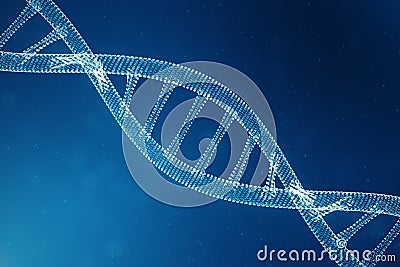 Digital DNA molecule, structure. Concept binary code human genome. DNA molecule with modified genes. 3D illustration Cartoon Illustration