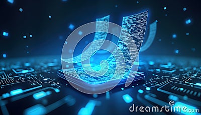 Digital documents float in luminous blue cyberspace. Dynamic data streams flow around electronic components. Tech future fast. Stock Photo