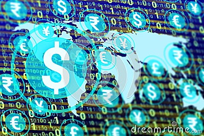 digital dollar icon isolated on other currency, world map and numbers Stock Photo