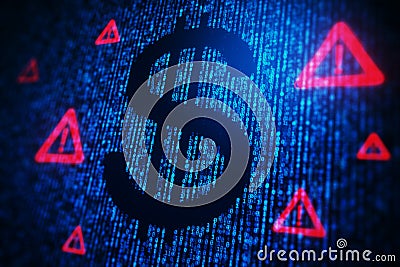 Digital dollar symbol with binary code and red warning signs on blue neon background. 3D Rendering Stock Photo