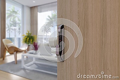 Digital Door handle or Electronics knob for access to room security Door wooden half opening through interior living room Stock Photo