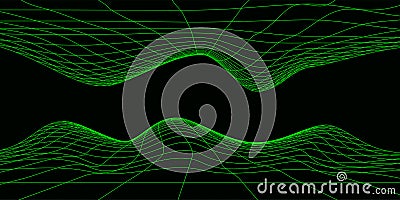 Digital double wavy wireframe landscape in acid green. Futuristic linear undulating terrain. Retro futurism concept. Digital Vector Illustration