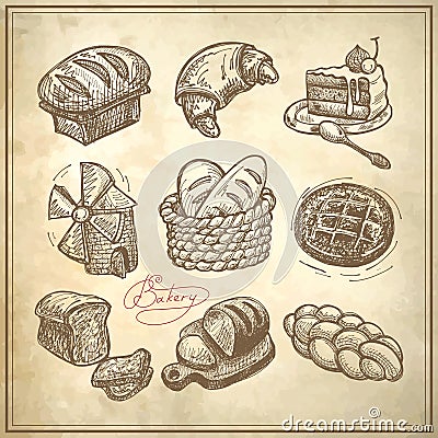 Digital drawing bakery icon set Vector Illustration