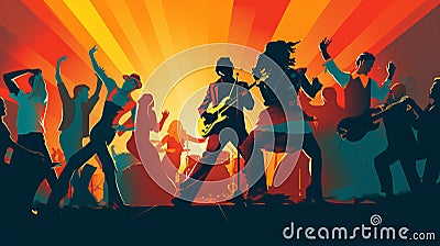 DIgital drawing Concert festival with scene stage orange and blue lights with colorful smoke rock show performance, people Stock Photo