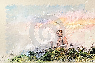 Digital drawing of Giant Buddha of Po Lin Monastery at Lantau Island Hong Kong Stock Photo