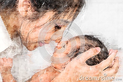 Digital drawing of mother holding her infant baby Stock Photo