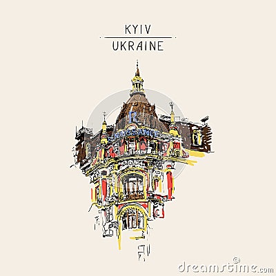 Digital drawing of old historic house in kyiv, ukraine Vector Illustration