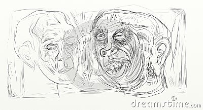 Digital drawing in wide screen format, figurative, minimalist, delicate and fast, human faces interacting side by side. Stock Photo